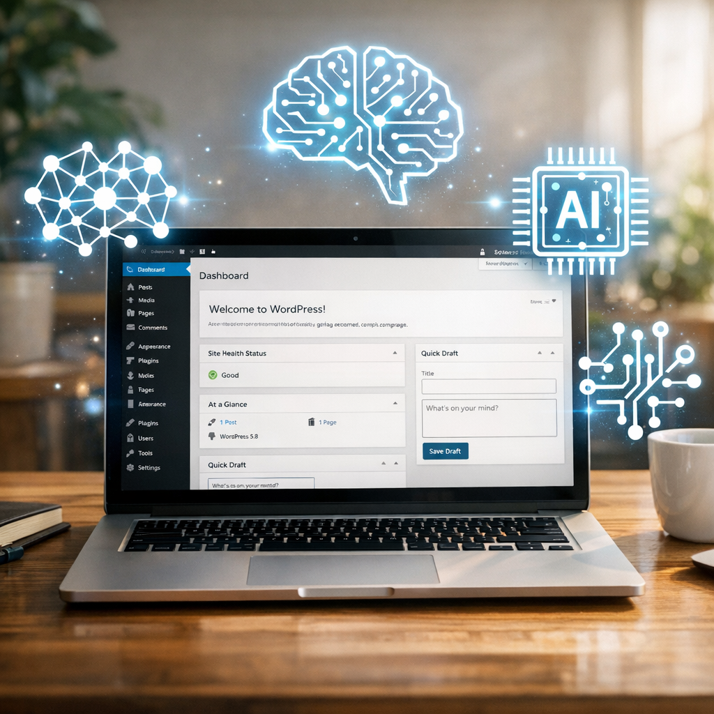 Laptop displaying WordPress dashboard with AI integration icons on a wooden desk
