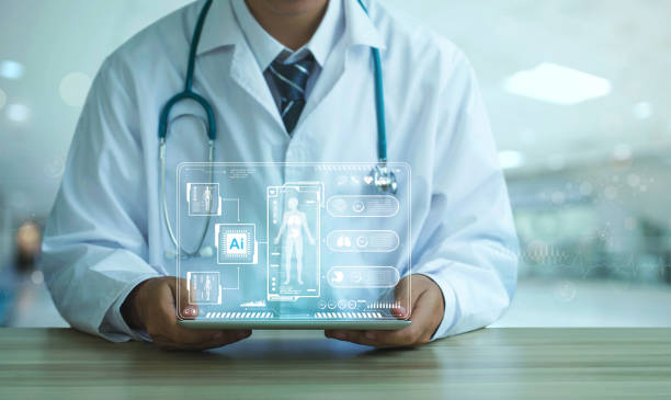 Doctor using AI healthcare dashboard on tablet